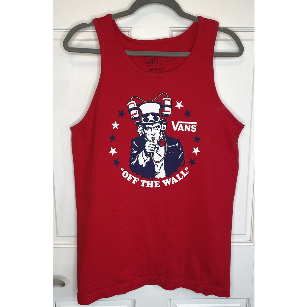Vans Off The Wall Men's Graphic Tank Top Size M Cotton Red Uncle Sam Beer Helmet